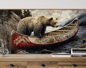 Giant Brown Bear in Canoe Wall Art Panoramic Print - Perfect Above Bed Decor for Woodland Painting Print Enthusiasts