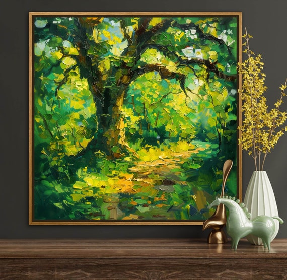 Old Oak Tree: Impasto Painting Print Of Oak Tree Art, Woodland Canvas Vibrant Artwork for Modern Impressionist Home Decore