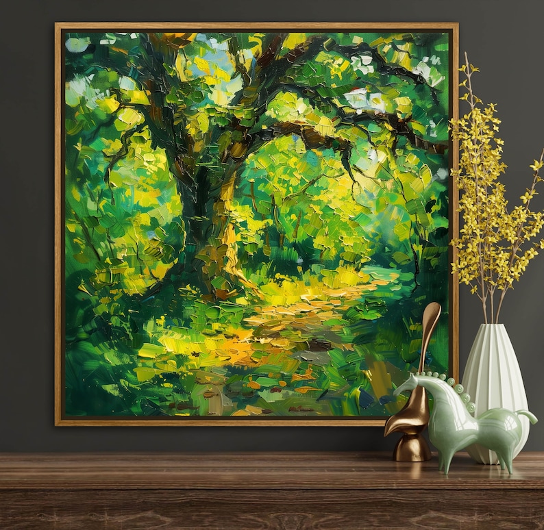 The old oak stands regal and enduring, its twisting branches like wise, outstretched arms, cloaked in a tapestry of sun-kissed leaves, creating a serene sanctuary of nature's timeless beauty.