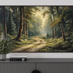 Cuadro decorativo de sendero forestal: lámina con paisaje de sendero boscoso tranquilo, enmarcada o en lienzo, decoración rústica de la naturaleza para el hogar o la cabaña.