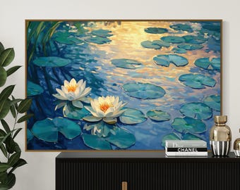 Water Lily Pond Art Print – Tranquil Botanical Wall Art, Monet-Inspired Nature Landscape, Zen Flower Garden Decor
