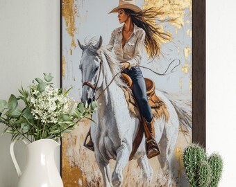 Cowgirl on Horse Canvas Art – Western Wall Decor with Gold Accents, Rustic Modern Country Girl Print, Framed or Unframed Poster