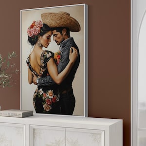 Romantic artwork of a Mexican couple in traditional attire, adorned with vibrant floral embroidery. Their intimate pose and exquisite details evoke passion and cultural elegance, perfect for adding warmth and charm to your home.