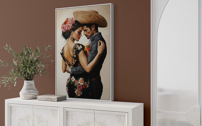 Romantic artwork of a Mexican couple in traditional attire, adorned with vibrant floral embroidery. Their intimate pose and exquisite details evoke passion and cultural elegance, perfect for adding warmth and charm to your home.