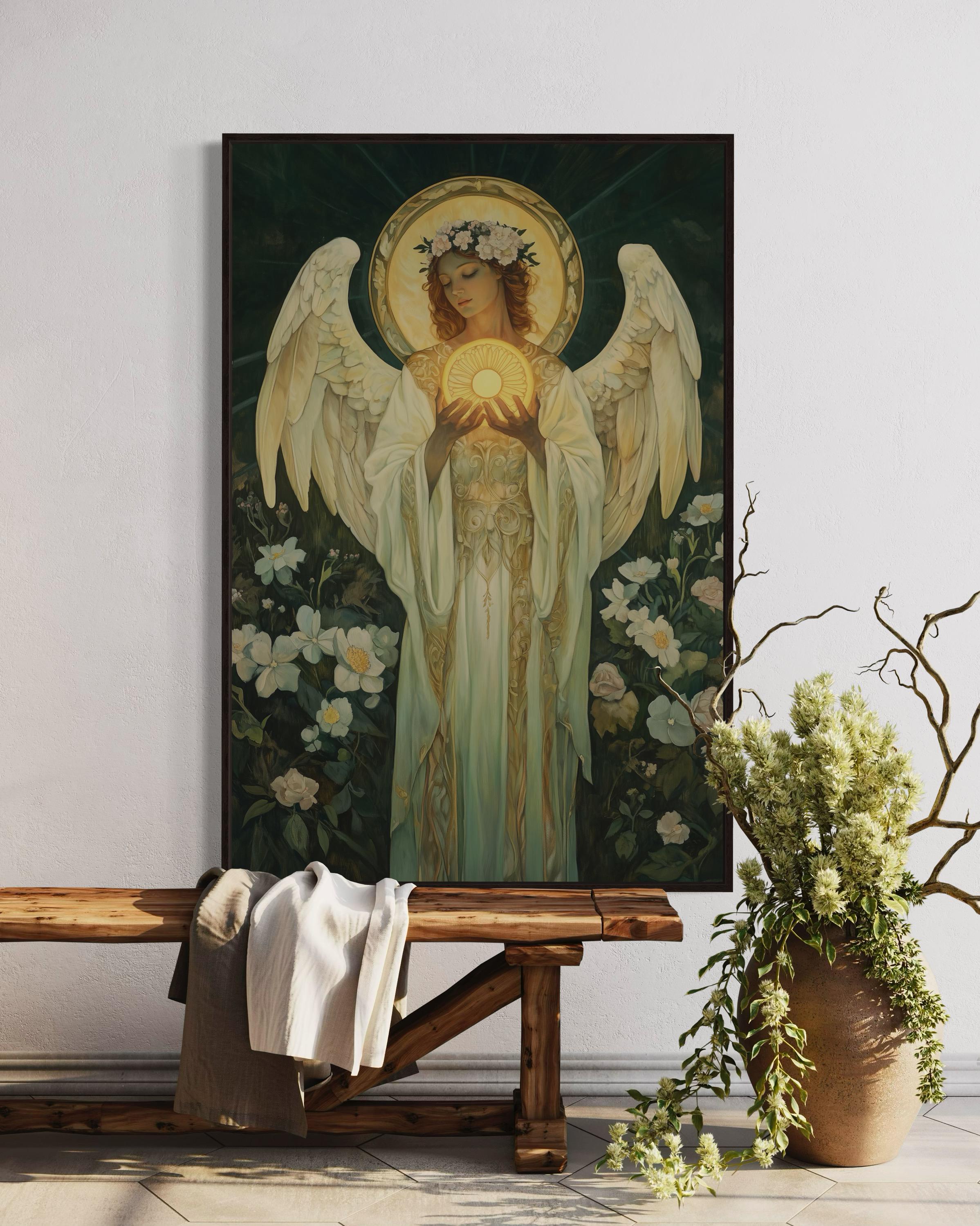 Celestial Angel Canvas – Art Nouveau Spiritual Wall Art, Ethereal