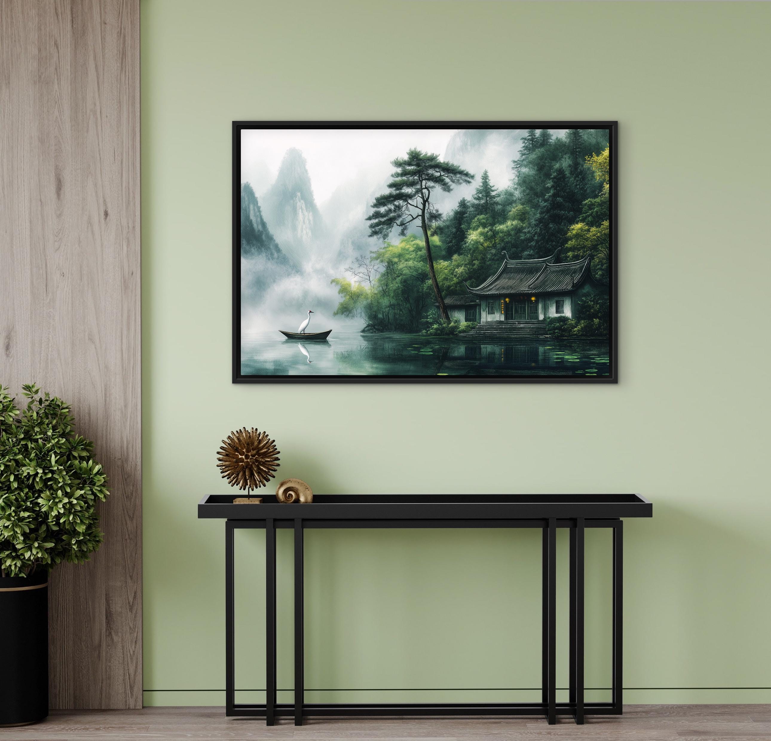 禅の中国風景画プリント – 霧深い山々、鶴、湖畔の家の壁掛けアート