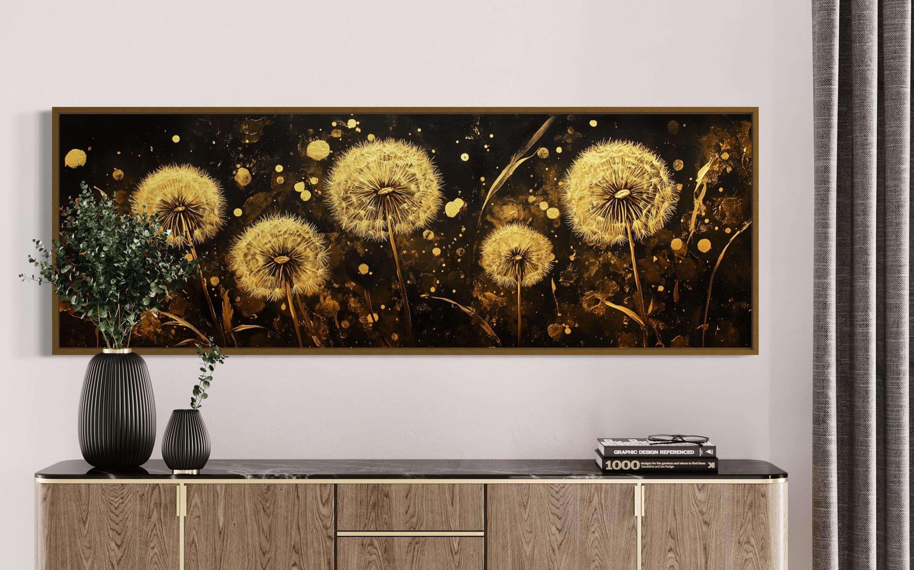 Golden Dandelion Wall Art - Panoramic Modern Floral Print With