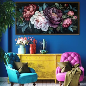 Midnight Bloom - A lush display of peonies in rich purples and delicate pinks, set against a deep, dark backdrop, exuding elegance and drama.