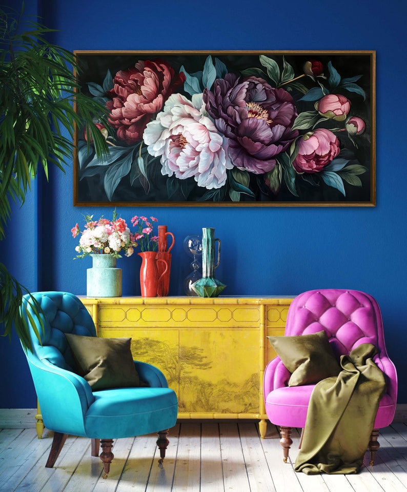 Midnight Bloom - A lush display of peonies in rich purples and delicate pinks, set against a deep, dark backdrop, exuding elegance and drama.