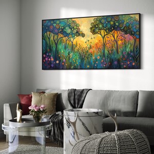A whimsical forest comes to life with stylized trees crowned with circular canopies in shades of green and blue, while vibrant, colorful flowers bloom below in a magical, storybook setting.
