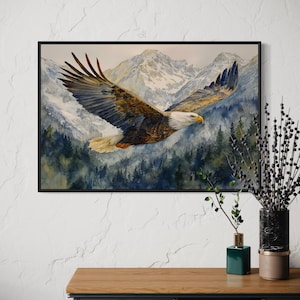 Bald Eagle Watercolor Art Print – Soaring Eagle in Mountain Landscape Wall Decor – Majestic Wildlife Nature Print
