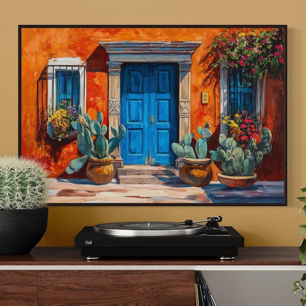 Mexican Blue Door Art Print – Colorful Southwestern Wall Art, Rustic Spanish Home Decor with Cactus and Flowers