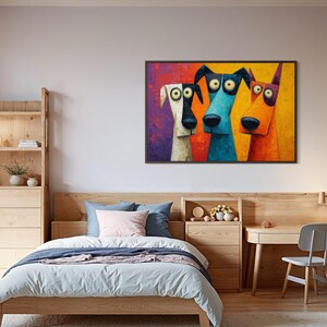 Colorful modern dog art print featuring three quirky cartoon-style dogs with big round eyes and long snouts. Vibrant palette of orange, teal, yellow, purple, and cream creates a fun pop-art look. A playful wall decor piece perfect for kids’ rooms, dog lovers, funky living rooms, vet offices, or eclectic gallery walls. (Print only, no texture.)