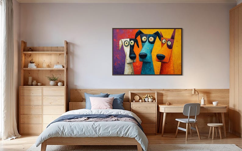 Colorful modern dog art print featuring three quirky cartoon-style dogs with big round eyes and long snouts. Vibrant palette of orange, teal, yellow, purple, and cream creates a fun pop-art look. A playful wall decor piece perfect for kids’ rooms, dog lovers, funky living rooms, vet offices, or eclectic gallery walls. (Print only, no texture.)