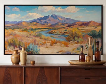 New Mexico Desert Landscape Wall Art – Southwestern Canyon River Print, Rustic Warm Earth Tone Canvas for Living Room or Office