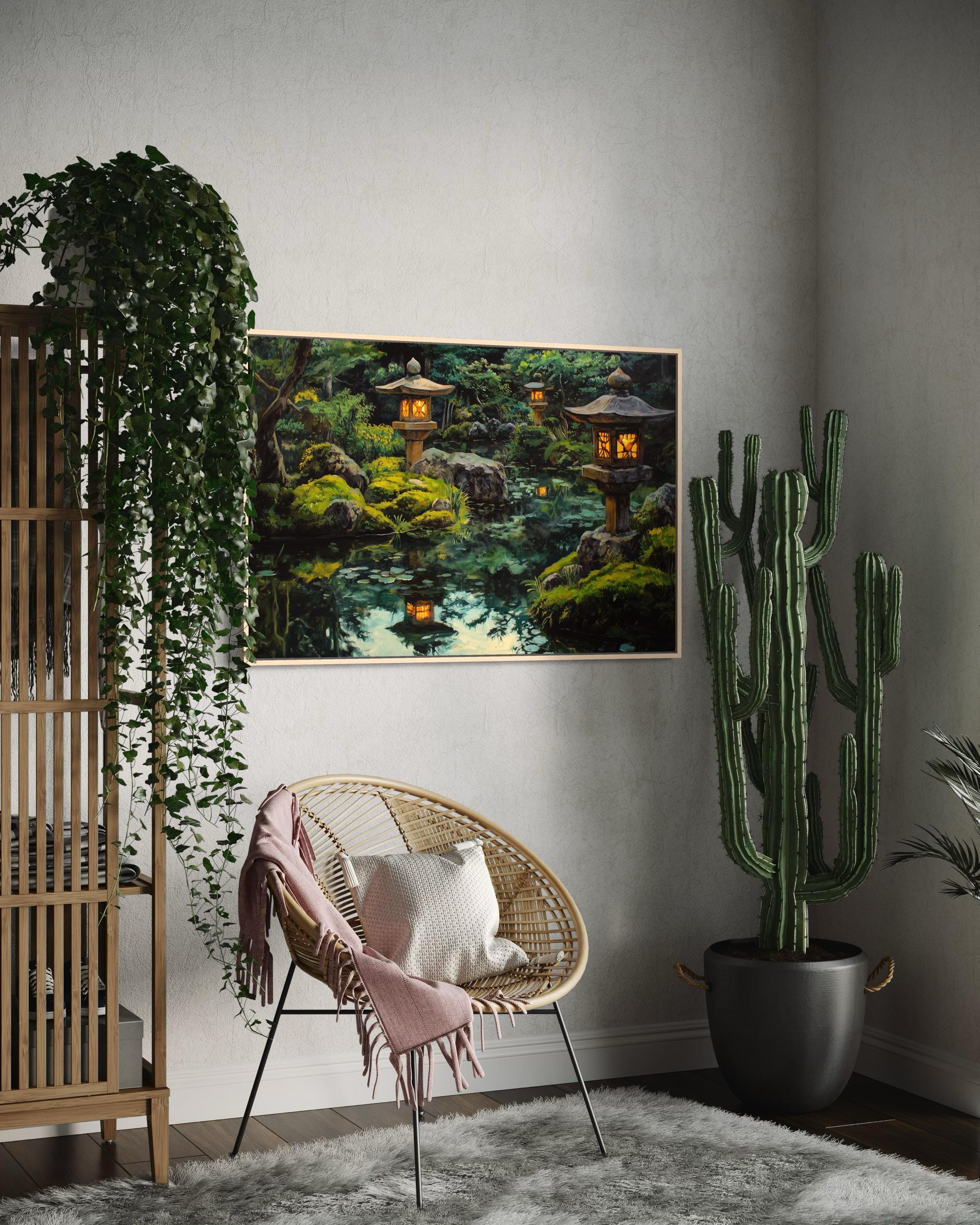 Japanese Garden Art Print – Zen Lantern Wall Art, Tranquil Pond