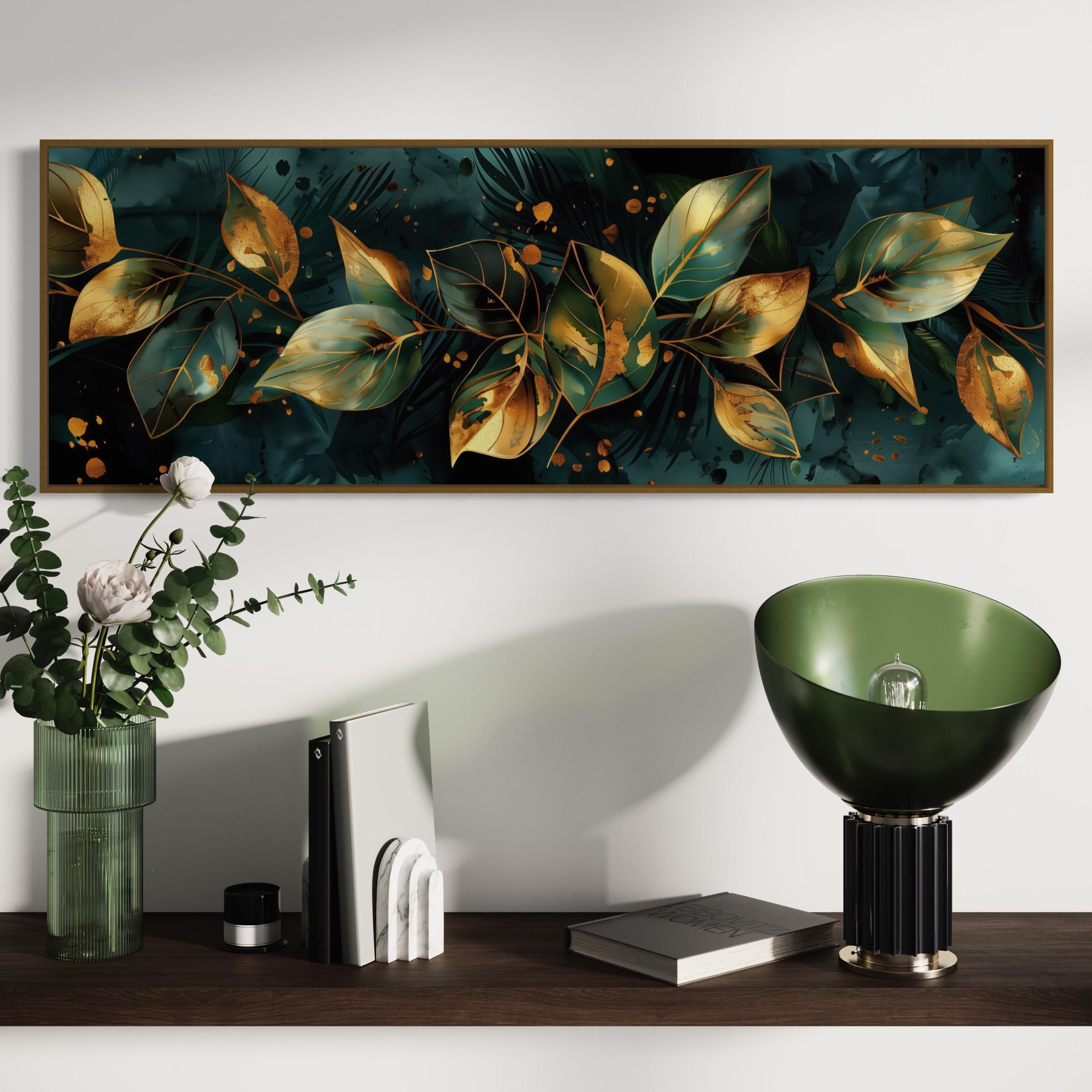 Elegant Gold and Black Leaves - Panoramic Botanical Wall Art Print for ...