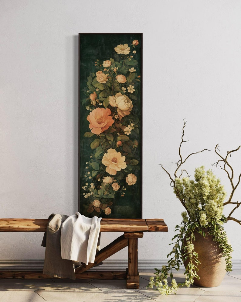 Adorn your space with this elegant vintage-style floral tapestry featuring soft, blooming roses and delicate leaves against a dark, textured background. A timeless addition to bring a touch of classic beauty to any room.