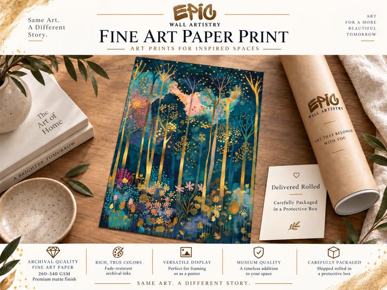 May include: A fine art paper print featuring a forest scene with tall golden trees, dark blue foliage, and colorful flowers. The print is accompanied by a brown cardboard shipping tube and a white card with the text Delivered Rolled.
