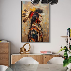 This striking portrait captures a Native American in profile, adorned with a vibrant feather headdress. The dynamic brushstrokes and bold colors evoke a sense of strength and spirit.