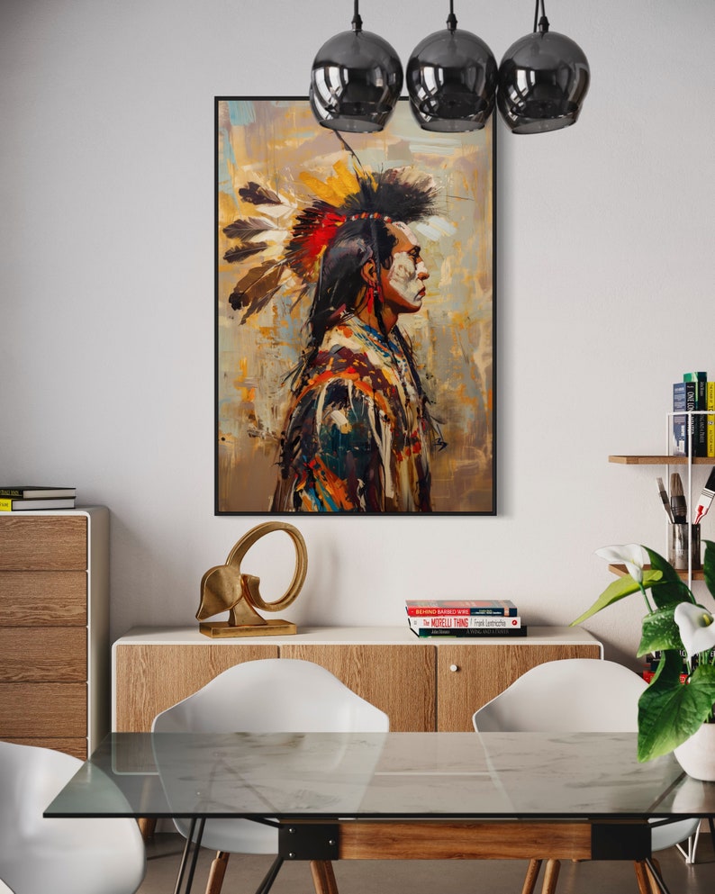 This striking portrait captures a Native American in profile, adorned with a vibrant feather headdress. The dynamic brushstrokes and bold colors evoke a sense of strength and spirit.