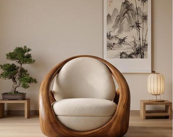 Mid-Century Modern Sculptural Lounge Chair | Retro Accent Chair for Living Room Bedroom Office Minimalist Artistic Leisure Chair with Curved