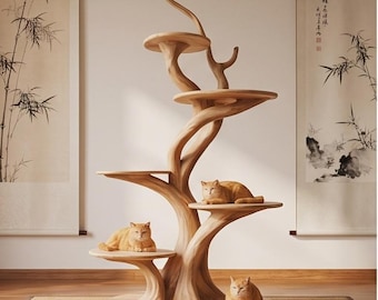 Rzeźbiony drewniany drapak dla kota | Luksusowa, nowoczesna wieża dla kota | Ręcznie robione meble dla kotów z litego drewna | Artystyczny wspinacz dla kota jako stylowy wystrój domu