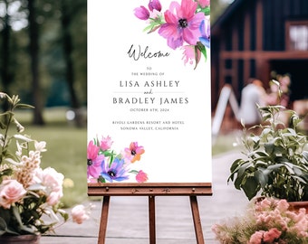 Wedding Welcome Sign, Pink Floral Wedding Welcome Poster, Wedding Welcome Sign Large Wedding Sign, Watercolor Floral Wedding Sign, MCP FLR12