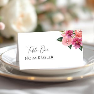 Pink Watercolor Wedding Place Card Template, Pink Floral Place Card, Seating Card, Name Card, Instant Download DIY Template MCP FLR7