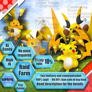 Könnte beinhalten: Eine digitale Grafik mit mehreren gelben und schwarzen Raichu-Charakteren und Texteinblendungen wie XL Candy, No pass required, High IV, Raid Farm, Shiny 10% rate sowie Fast delivery and communication, 100% Legit, 99.99% Ban-safe of any kind.