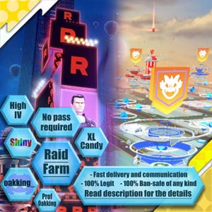 May include: A digital art image with a split design. One side features a cityscape with large "R" signs and a man. The other side shows a futuristic landscape with floating platforms and banners. Text includes "High IV", "Shiny", "Raid Farm", and "XL Candy".