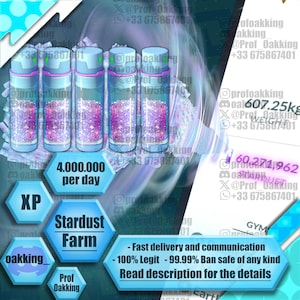 May include: Five cylindrical containers filled with sparkling pink stardust, arranged horizontally. The image features text including 4.000.000 per day, Stardust Farm, 607.25kg, 60.271.962 stardust, and various social media handles and promotional text.