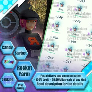 May include: Digital graphic featuring a character with pink hair and a black cap, with text boxes for "Candy", "Stardust", "Shiny", and "Rocket Farm". Additional text promotes fast delivery and ban safety.