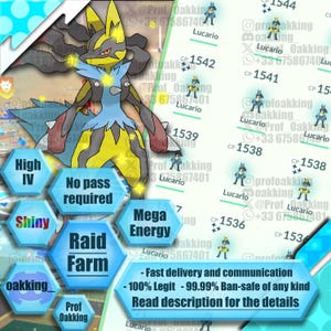 Op de afbeelding: Een digitale afbeelding met een geel en zwart Lucario-personage naast een lijst met Lucario-items met CP-waarden. Blauwe zeshoekige tekstvakken tonen High IV, Shiny, Mega Energy, Raid Farm en servicedetails in het Engels.