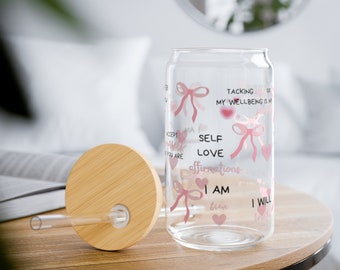 Arcos Self love Cup Vaso de vidrio Taza de vidrio 16oz Regalo de vaso de afirmaciones diarias para su mejor amigo vaso regalo de salud mental Sipper