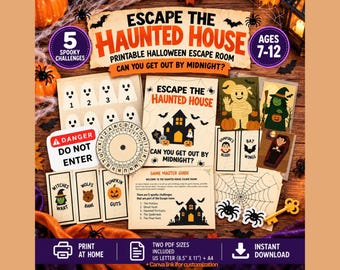 以下が含まれることがあります： 「Escape the Haunted House」と題された印刷可能なハロウィーン脱出ゲームキット。ゲームマスターガイド、円形の暗号ホイール、幽霊をテーマにしたチャレンジカード、危険標識、ミイラ、魔女、吸血鬼が描かれたキャラクターカードが含まれています。