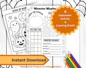 Peut inclure: Ensemble de six feuilles d'activités et de coloriage d'Halloween. Les feuilles présentent divers motifs effrayants, dont un fantôme, des citrouilles et un labyrinthe. Les mots "Spook by Number", "Carve the Pumpkin" et "Monster Mashup" sont visibles.