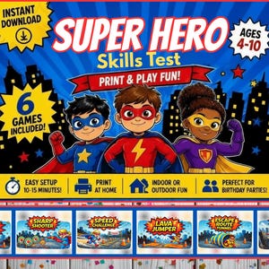 Op de afbeelding: Een kleurrijke Super Hero Skills Test printbaar spel voor kinderen van 4-10 jaar. Het ontwerp toont drie striphelden en bevat zes verschillende spellen. De tekst luidt "Print & Play Fun!" en "6 Games Included!"