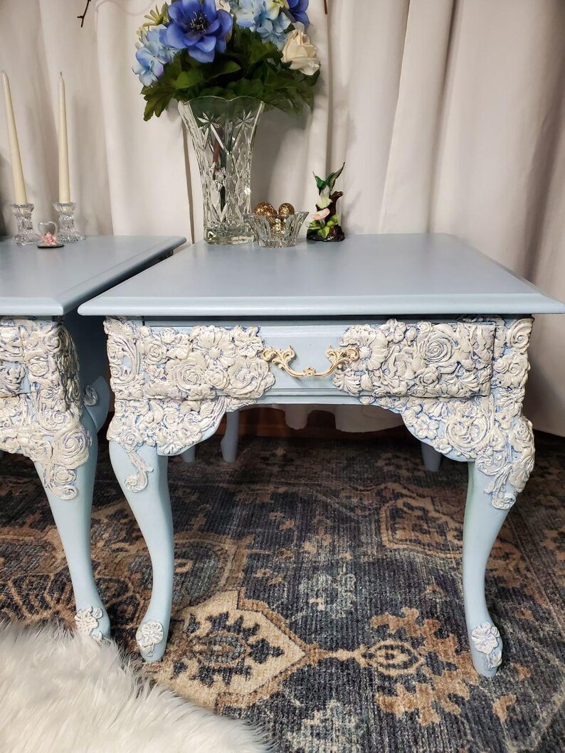 Matching French Provincial End Tables in Light Blue With Moldings on