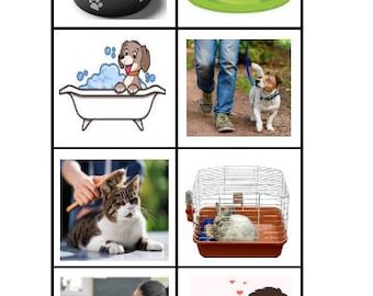 Op de afbeelding: Een collage van afbeeldingen gerelateerd aan huisdieren. Het bevat een kom met hondenvoer, een groene waterbak met een pootafdruk, een hond in een bad, een persoon die een hond uitlaat, een kat die wordt geborsteld, een konijn in een kooi, een hond bij de dierenarts en een persoon die een hond aait.