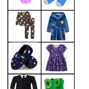 May include: A selection of children's clothing. The image shows a pair of purple briefs, blue socks, a black and orange pyjama set, a blue dressing gown, dinosaur-patterned slippers, a purple dress, a black suit, and green wellington boots.