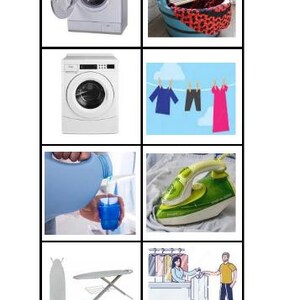 May include: A collection of images related to laundry. Includes a washing machine with an open door, a washboard in a blue tub, a front-load washing machine, clothes hanging on a line, pouring detergent, a green iron, an ironing board, and people folding clothes.