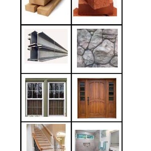 May include: A collage of images displaying construction materials and architectural features. Includes timber planks, red bricks, steel girders, and a stone wall. Also features windows, a wooden door, a staircase, and a bathroom.
