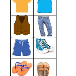 May include: A grid of clothing items including a yellow t-shirt, blue tank top, brown vest, blue jeans, blue shorts, blue high-top sneakers, orange flip-flops, and brown sandals. The items are arranged in a 3x3 grid.