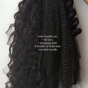 May include: A black hair extension bundle set featuring 60 locs, wrapping hair, one bundle of boho hair, and a crochet needle with a bright pink handle. The text on the image reads: boho bundle set. 60 locs. wrapping hair. 1 bundle of boho hair. crochet needle.