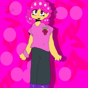May include: A cartoon illustration of a pink-haired character with white polka dots, wearing a pink shirt with a raspberry design and black trousers. The character is standing on a pink background with white polka dots.