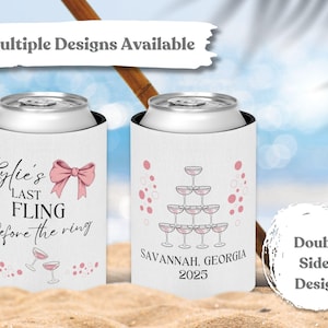 Pink Coquette Bow Custom Bachelorette Can Cooler, Last Fling before the Ring Slim Can Holder, Unique Bridesmaids Gifts, Bridal Party Favor