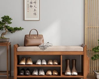 Bamboo Shoe Bench with Hidden Drawer, Entryway Storage Bench, Hallway Shoe Organizer, Mudroom Bench, Boho Home Furniture