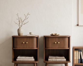 Fluted Nightstand Set of 2 with Charging Station, Modern Bedside Table with USB Ports, Bedroom Storage Nightstand, Side Table for Living Roo