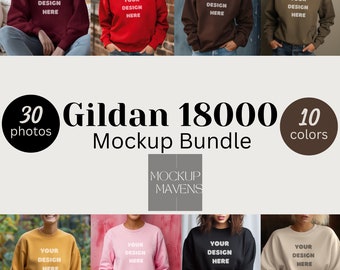 Gildan Mock up 18000 Hombres, Mujeres y Colores Planos / 30 Fotos / / 10 Colores / Paquete / Maqueta de Cuello Redondo / Maqueta de Sudadera de Gran Tamaño / 137